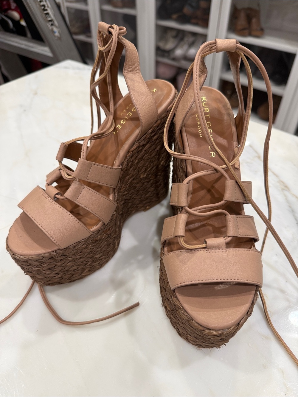 Kurt Geiger Blush Tan Woven Platform Lace-Up Wedges